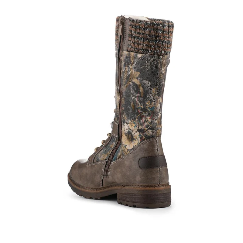 Tall Lace Up Boots With Knitted Ankle Cuff - BRK42014 / 328 328 - Grey Floral
