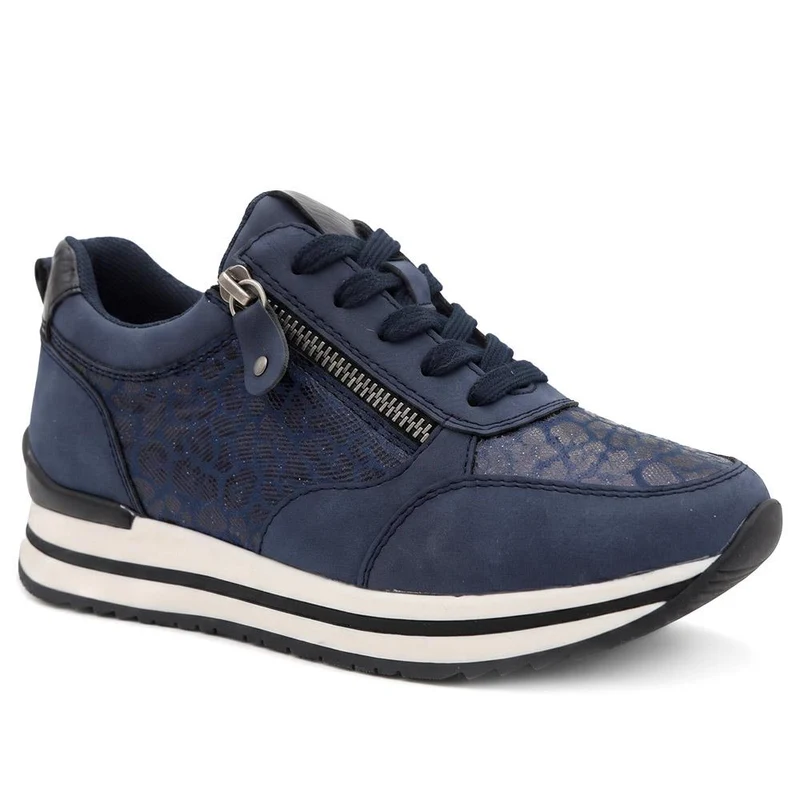 Wide Fit Zip & Lace Trainers W/ Cushioned Sole - WBINS44042 / 329 618 - Navy-Leopard