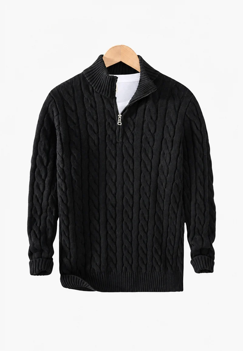Strickpullover mit Zopfmuster und halbem Reißverschluss – Anselme