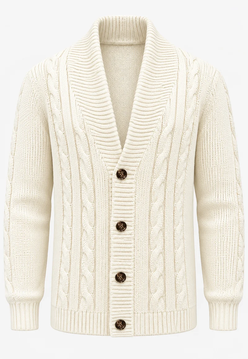 Herren-Strickjacke mit Zopfmuster, Schalkragen und Knöpfen – Gauthier