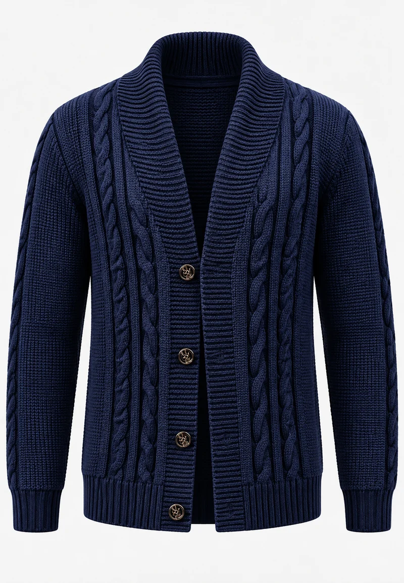 Herren-Strickjacke mit Zopfmuster, Schalkragen und Knöpfen – Gauthier