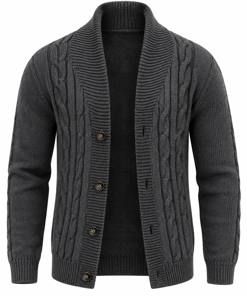 Herren-Strickjacke mit Zopfmuster, Schalkragen und Knöpfen – Gauthier