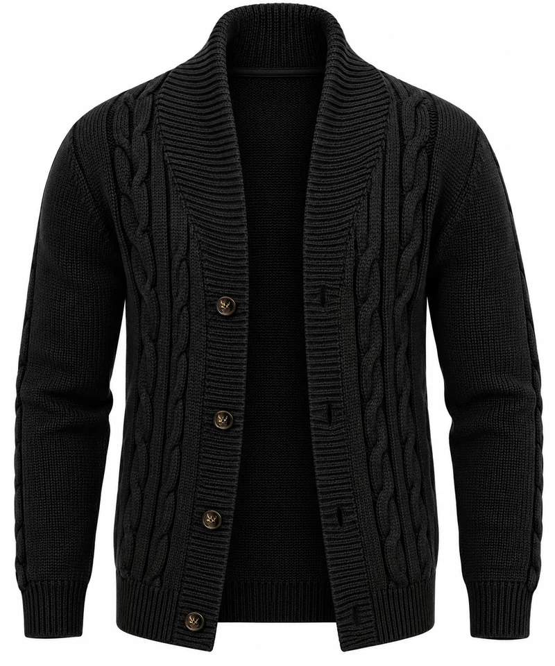 Herren-Strickjacke mit Zopfmuster, Schalkragen und Knöpfen – Gauthier