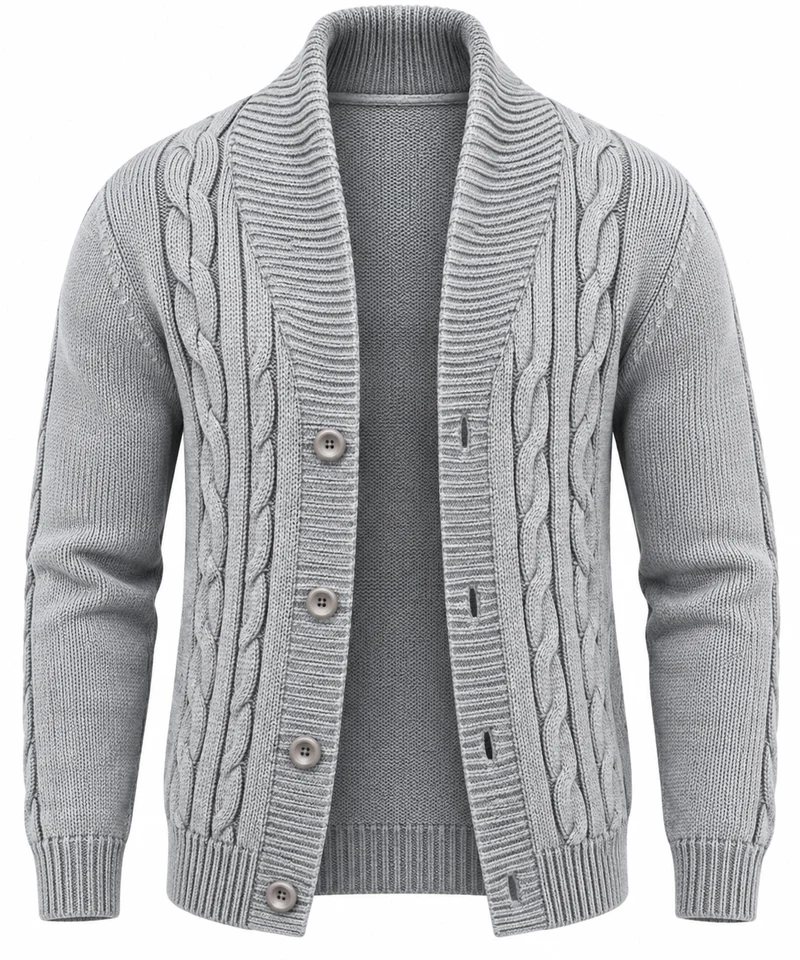 Herren-Strickjacke mit Zopfmuster, Schalkragen und Knöpfen – Gauthier
