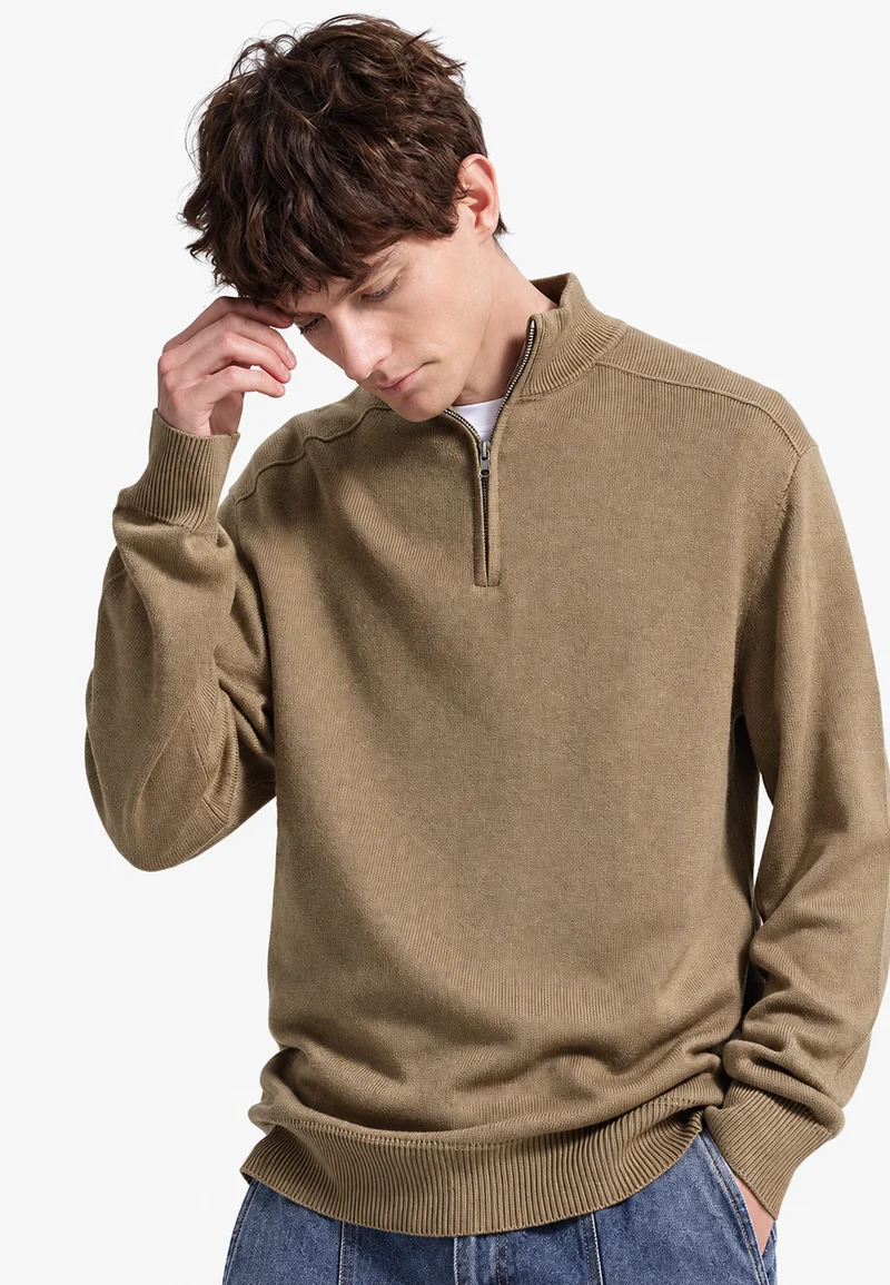 Herrenpullover aus Merinowolle mit halbem Reißverschluss und Stehkragen – Florent