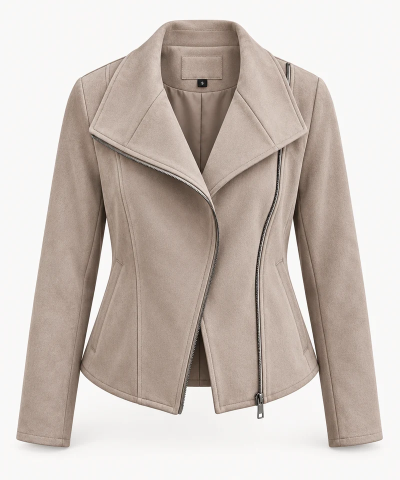 Damen-Bikerjacke in Wildlederoptik mit diagonalem Reißverschluss – Noémie
