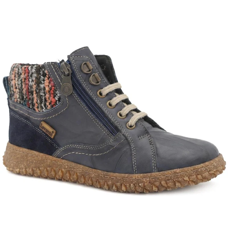 Loretta Zip & Lace Knitted Cuff Ankle Boots - HAK44000 / 329 615 - Navy
