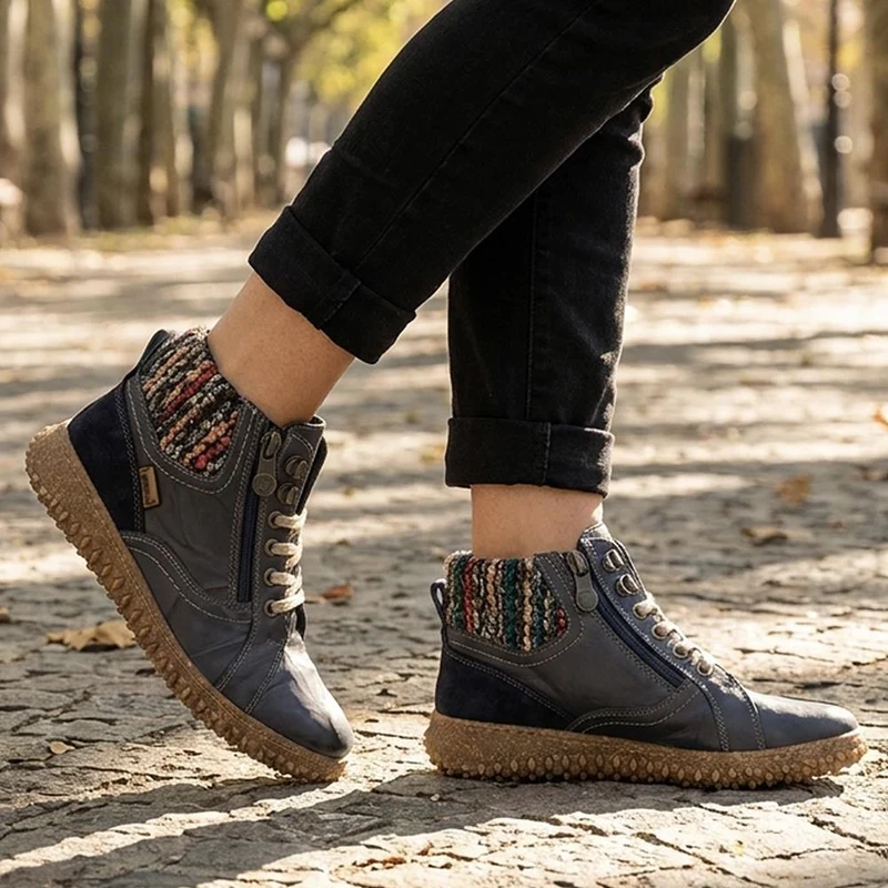 Loretta Zip & Lace Knitted Cuff Ankle Boots - HAK44000 / 329 615 - Navy