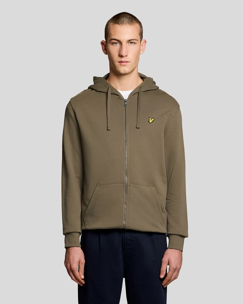 Lyle & Scott Herren-Kapuzenpullover aus Baumwolle mit durchgehendem Reißverschluss | Khaki-Asch