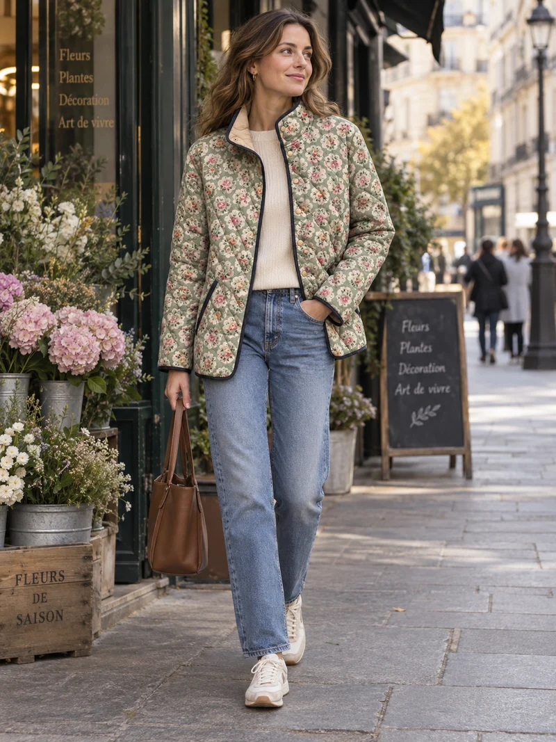 Steppjacke für Damen mit Blumenmuster und kontrastfarbenen Paspeln – Lainey