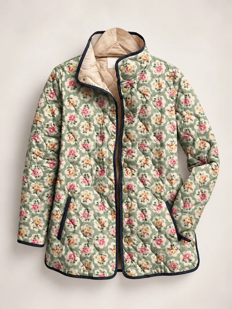 Steppjacke für Damen mit Blumenmuster und kontrastfarbenen Paspeln – Lainey