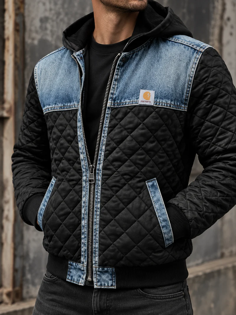 Gesteppte Herrenjacke mit Kapuze und Denim-Einsätzen – Lex