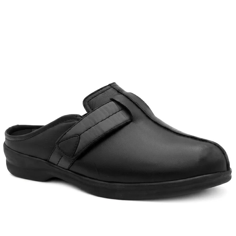 Extra Wide Leather Slip On Clogs - BELLIS / 330 166 - Black-Grey