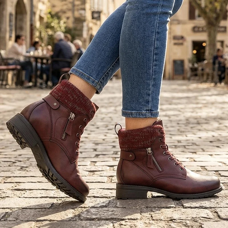 EasyFit Extra-Wide Knitted-Cuff Ankle Boots - ALEIDA / 326 748 - Burgundy