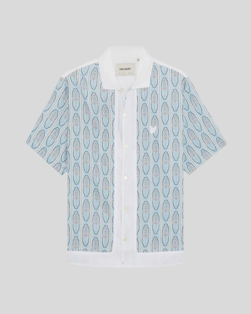Lyle & Scott Herren Kurzarmhemd mit Blumenmuster | Mandelcreme, Parmablau