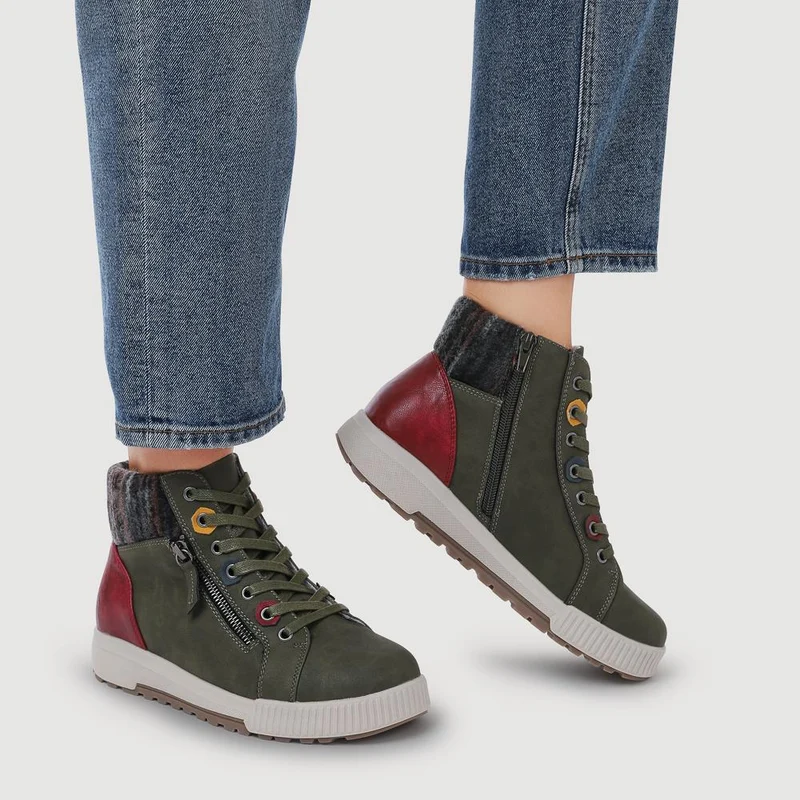 Wide Fit Knitted Cuff Ankle Boots - WBINS40163 / 326 115 - Khaki