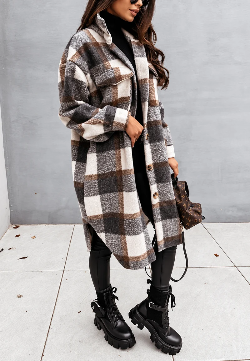 Lange karierte Jacke mit Knöpfen – Coralie