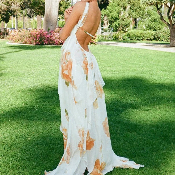 Langes Kleid aus Chiffon mit Blumendruck und offenem Rücken - Camille