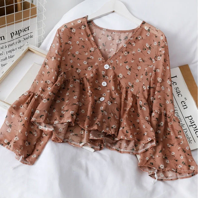 Damen Bluse aus geblümtem Chiffon mit Rüschen fließendem Schnitt - Isadora