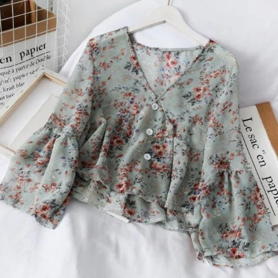 Damen Bluse aus geblümtem Chiffon mit Rüschen fließendem Schnitt - Isadora