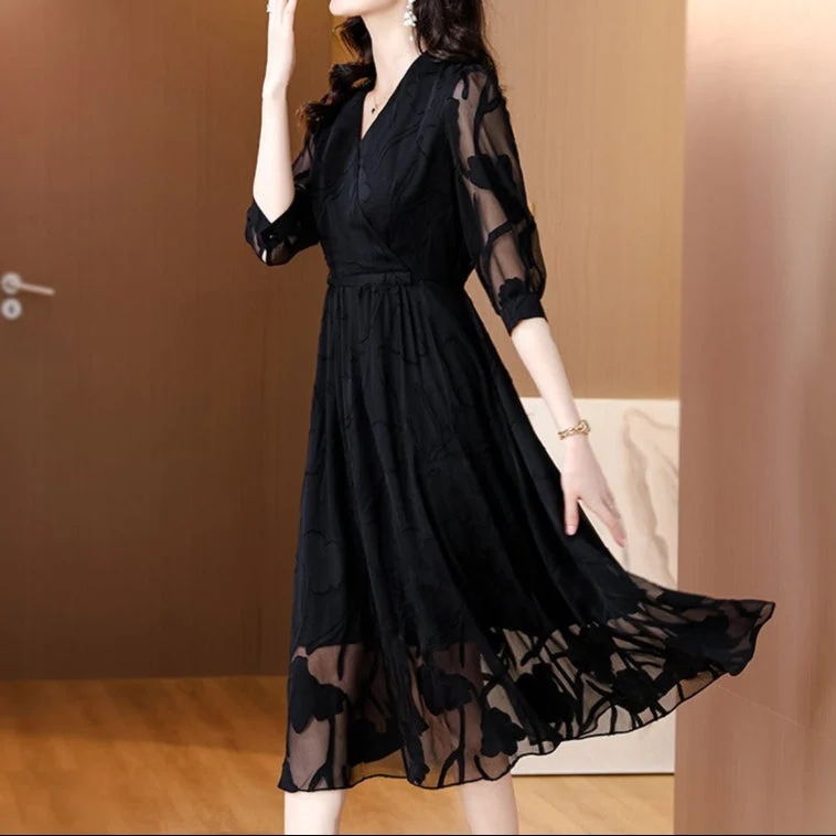 Damen Midikleid aus geblümtem Chiffon mit transparenten Ärmeln - Annelise