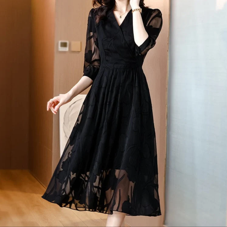 Damen Midikleid aus geblümtem Chiffon mit transparenten Ärmeln - Annelise