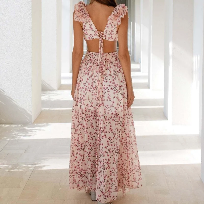 Asymmetrisches Kleid aus geblümtem Chiffon mit tiefem Ausschnitt für Damen - Mélodie