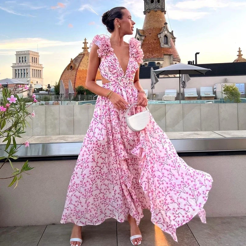Asymmetrisches Kleid aus geblümtem Chiffon mit tiefem Ausschnitt für Damen - Mélodie