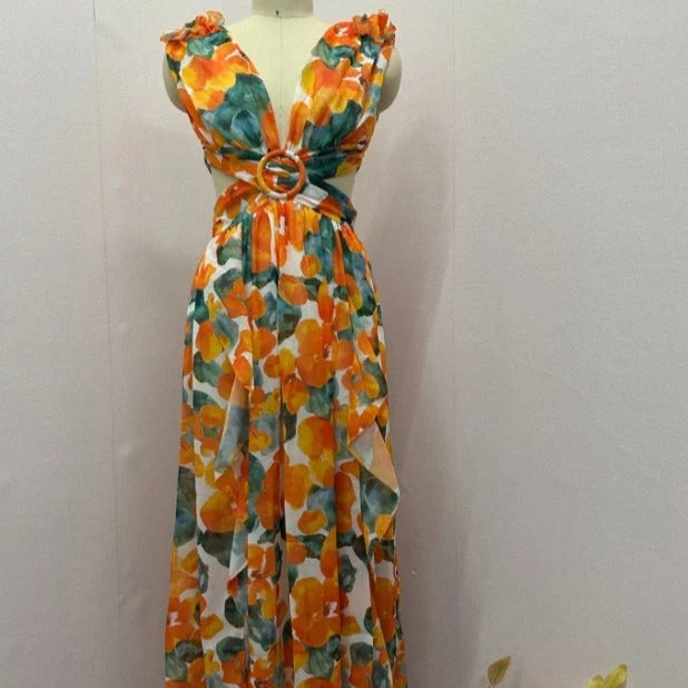 Asymmetrisches Kleid aus geblümtem Chiffon mit tiefem Ausschnitt für Damen - Mélodie