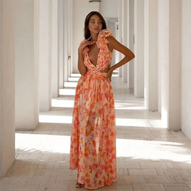 Asymmetrisches Kleid aus geblümtem Chiffon mit tiefem Ausschnitt für Damen - Mélodie