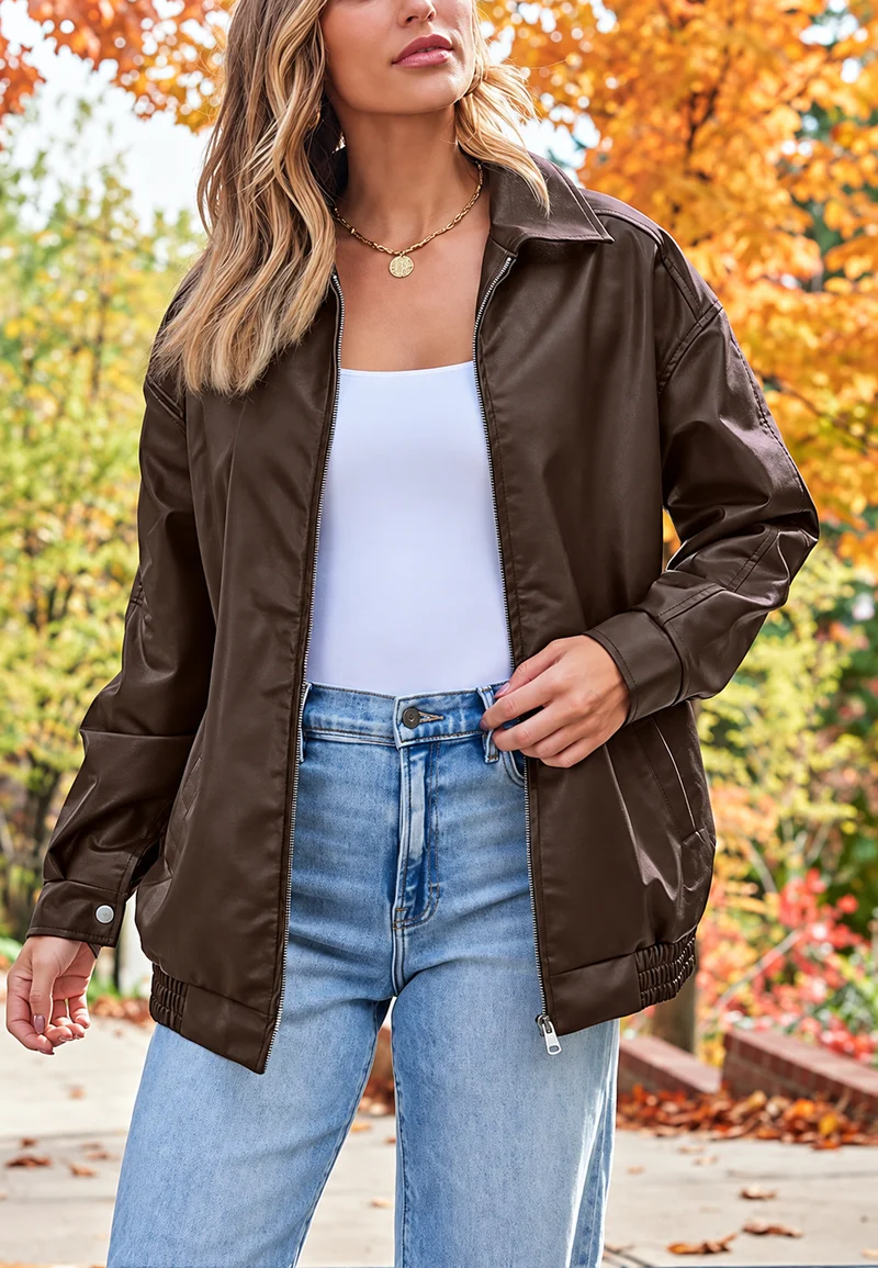 Oversize-Damenjacke in Lederoptik mit elastischem Saum – Alizée