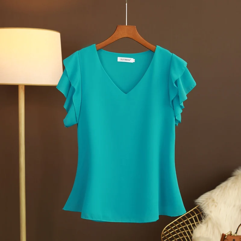 Leichte Chiffonbluse für Damen mit Rüschenärmeln und V-Ausschnitt - Elvira