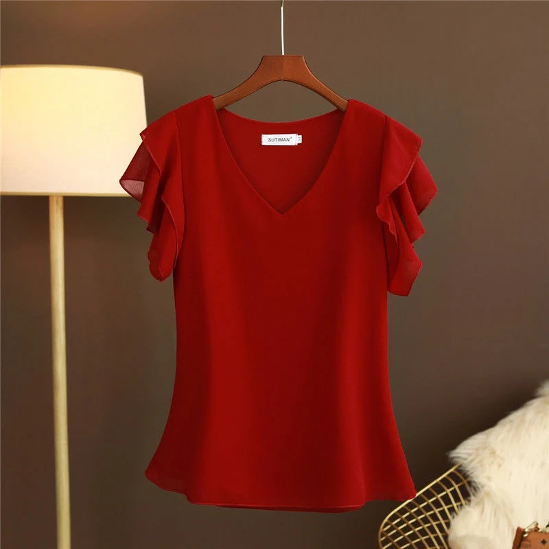 Leichte Chiffonbluse für Damen mit Rüschenärmeln und V-Ausschnitt - Elvira