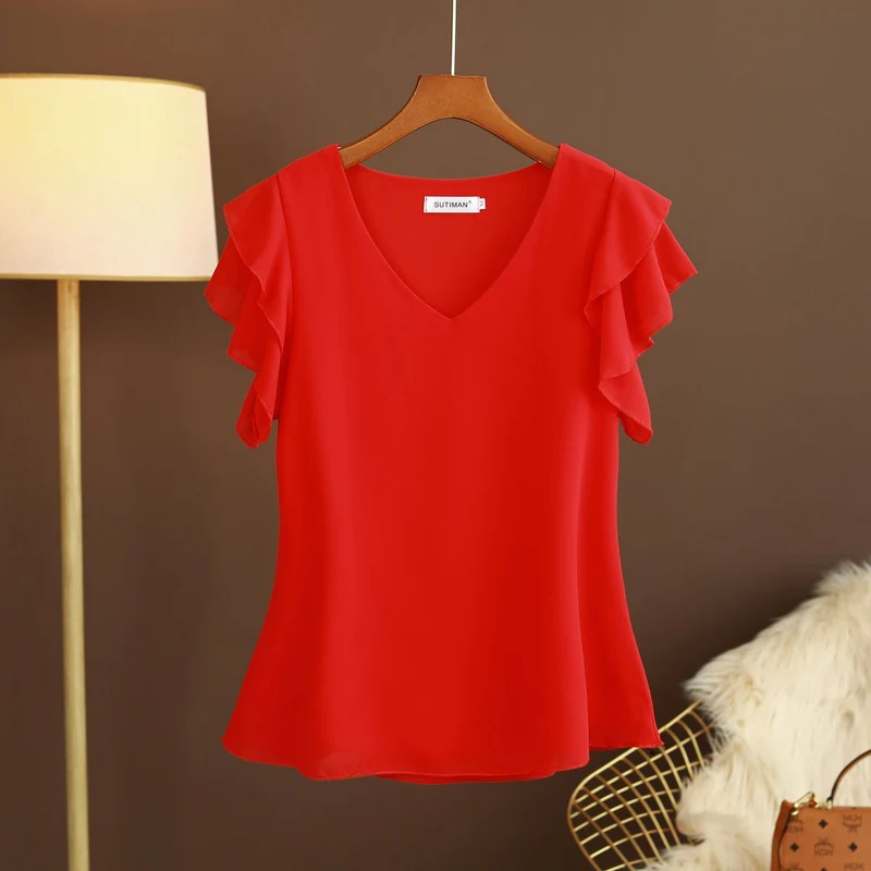 Leichte Chiffonbluse für Damen mit Rüschenärmeln und V-Ausschnitt - Elvira