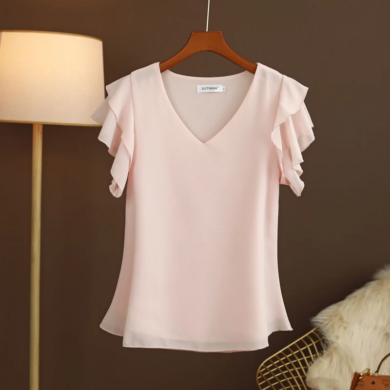 Leichte Chiffonbluse für Damen mit Rüschenärmeln und V-Ausschnitt - Elvira