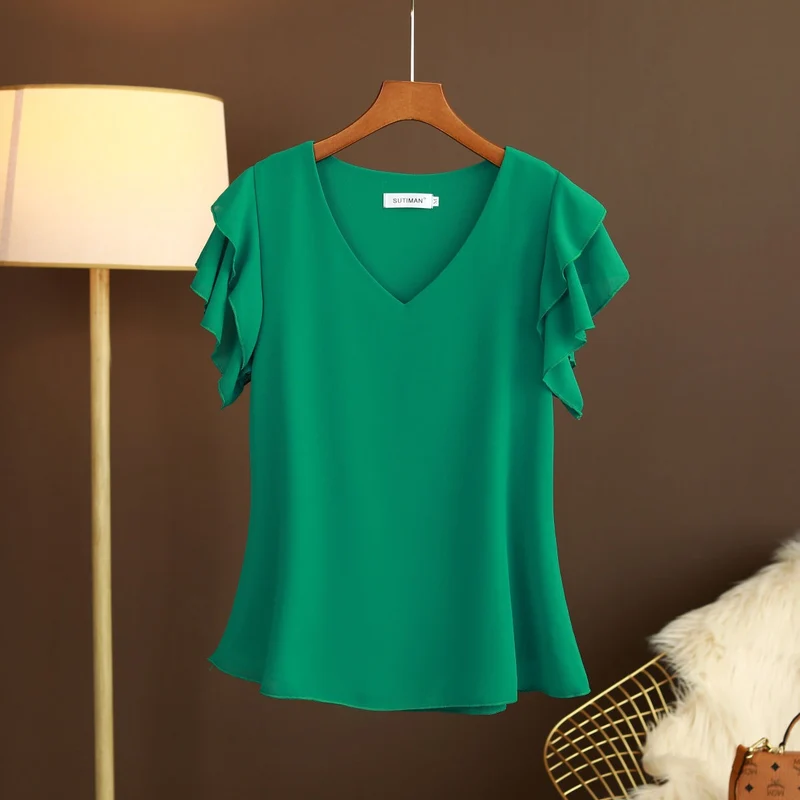 Leichte Chiffonbluse für Damen mit Rüschenärmeln und V-Ausschnitt - Elvira