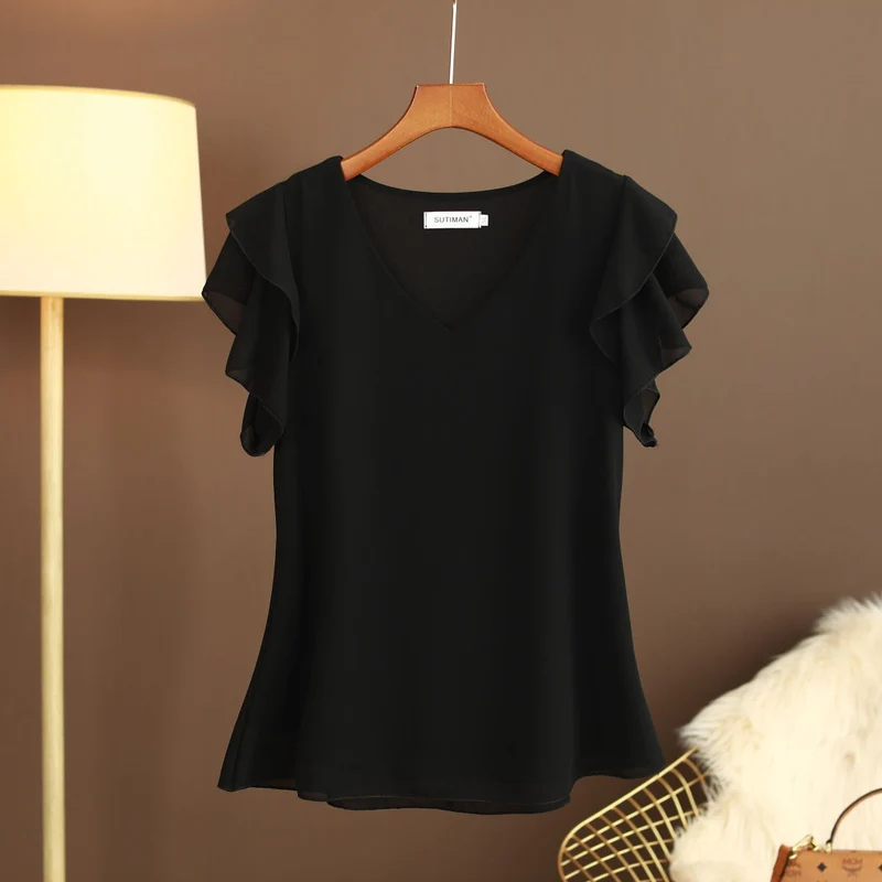 Leichte Chiffonbluse für Damen mit Rüschenärmeln und V-Ausschnitt - Elvira