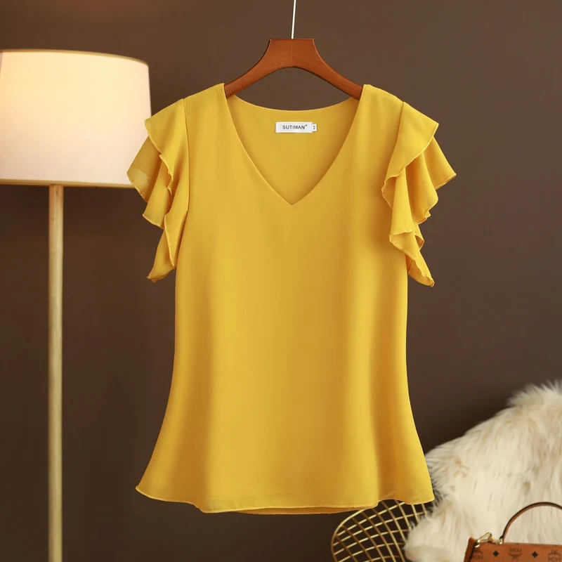 Leichte Chiffonbluse für Damen mit Rüschenärmeln und V-Ausschnitt - Elvira