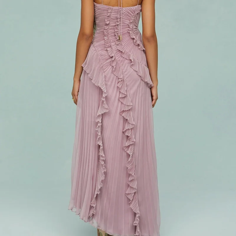 Elegantes asymmetrisches plissiertes langes Chiffonkleid - Violett