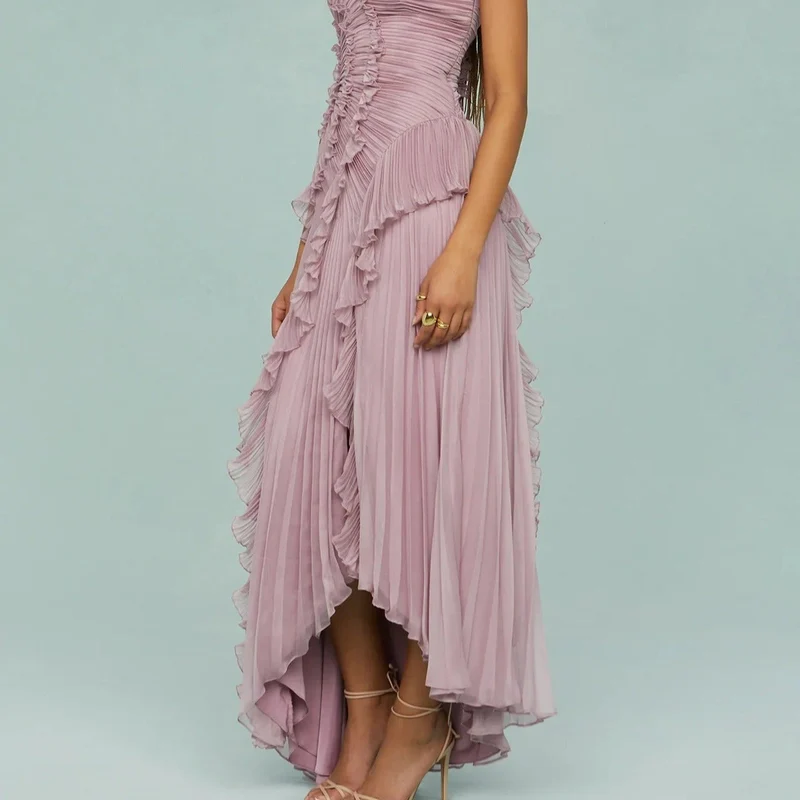 Elegantes asymmetrisches plissiertes langes Chiffonkleid - Violett