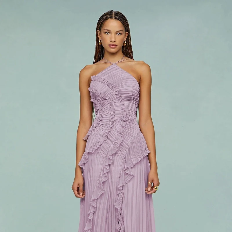 Elegantes asymmetrisches plissiertes langes Chiffonkleid - Violett