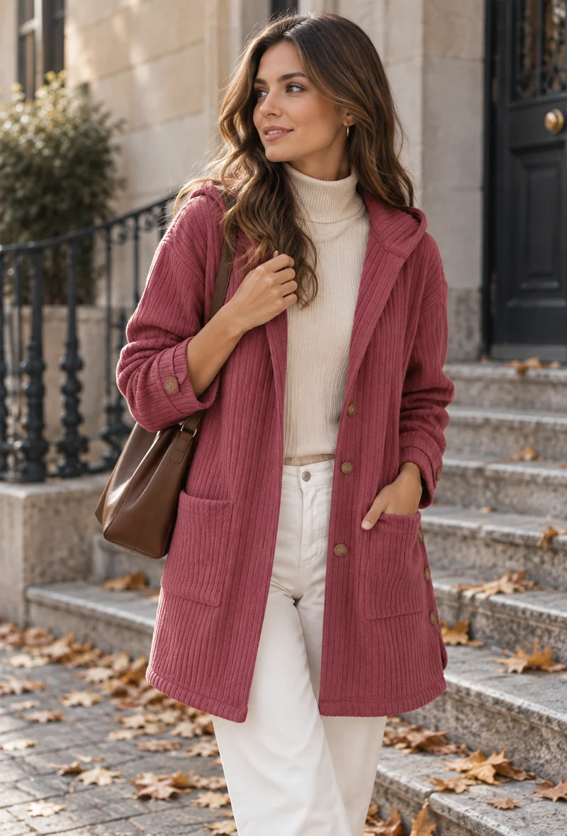 Lange Cordjacke für Damen mit Kapuze und Knopfleiste – Coralie