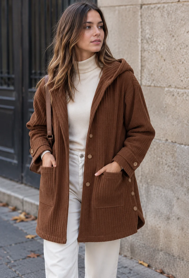 Lange Cordjacke für Damen mit Kapuze und Knopfleiste – Coralie