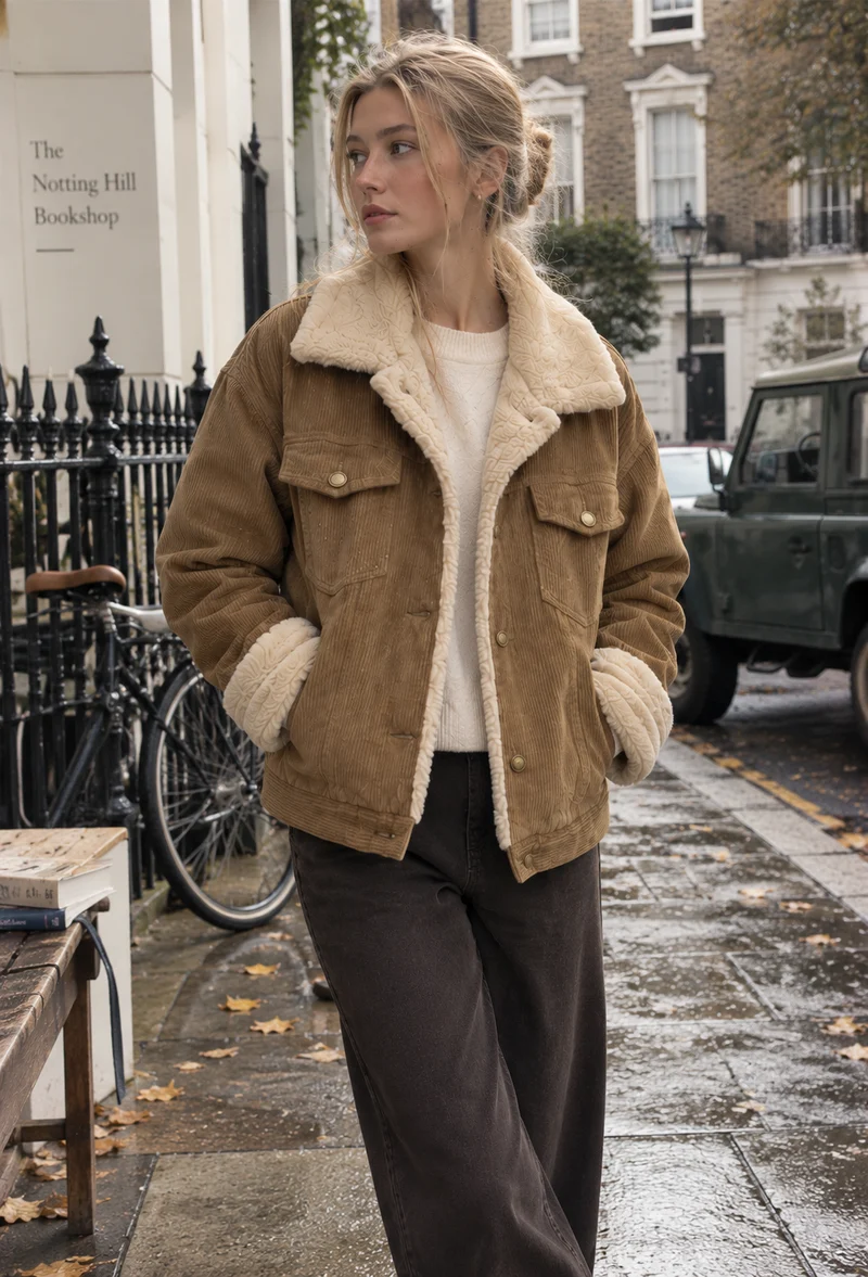 Damen-Cordjacke mit Lammfelloptik am Kragen und Taschen – Sidonie
