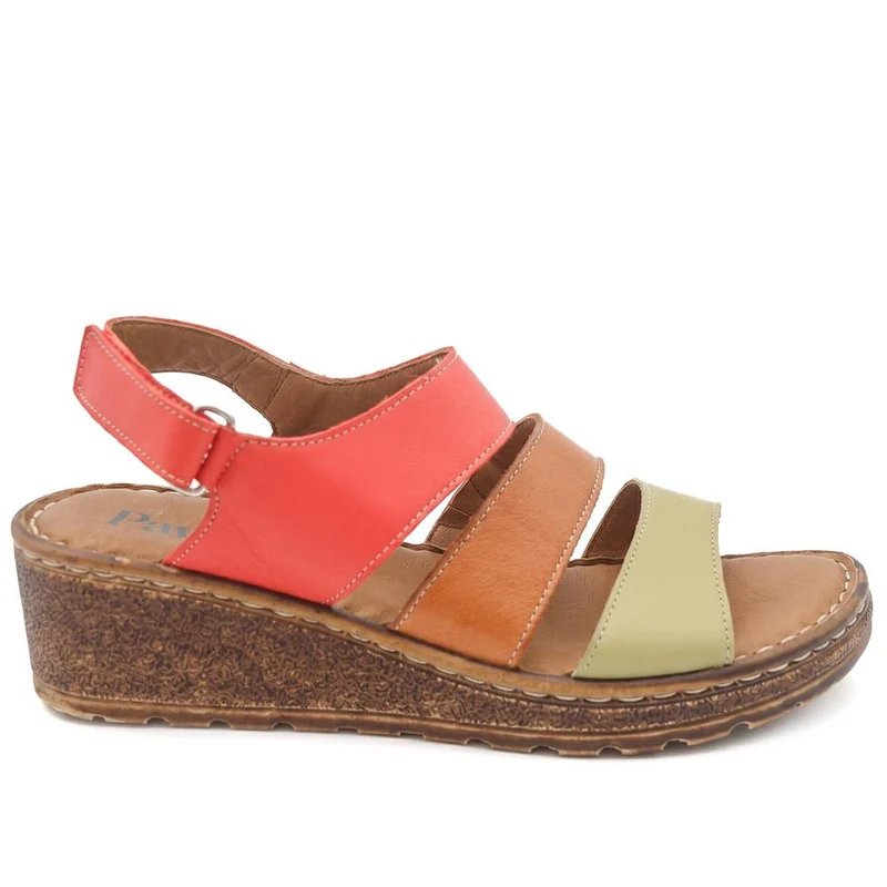 Cushioned Leather Wedge Heel Sandals - BOAY43000 / 329 206 - Red Multi