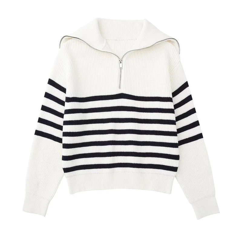 Damenpullover mit Streifen, halbem Reißverschluss und Stehkragen – Holly