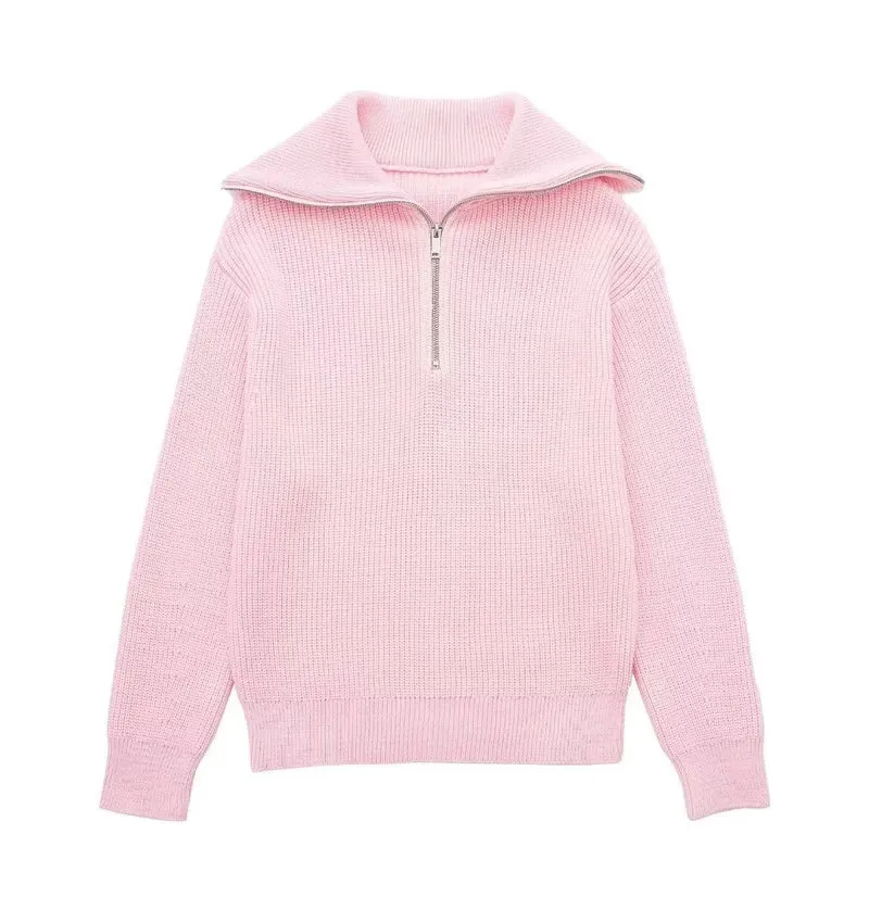 Damenpullover mit Streifen, halbem Reißverschluss und Stehkragen – Holly