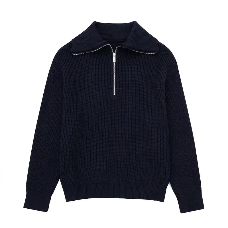Damenpullover mit Streifen, halbem Reißverschluss und Stehkragen – Holly