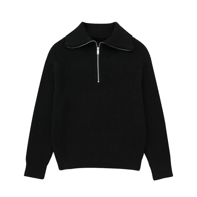 Damenpullover mit Streifen, halbem Reißverschluss und Stehkragen – Holly