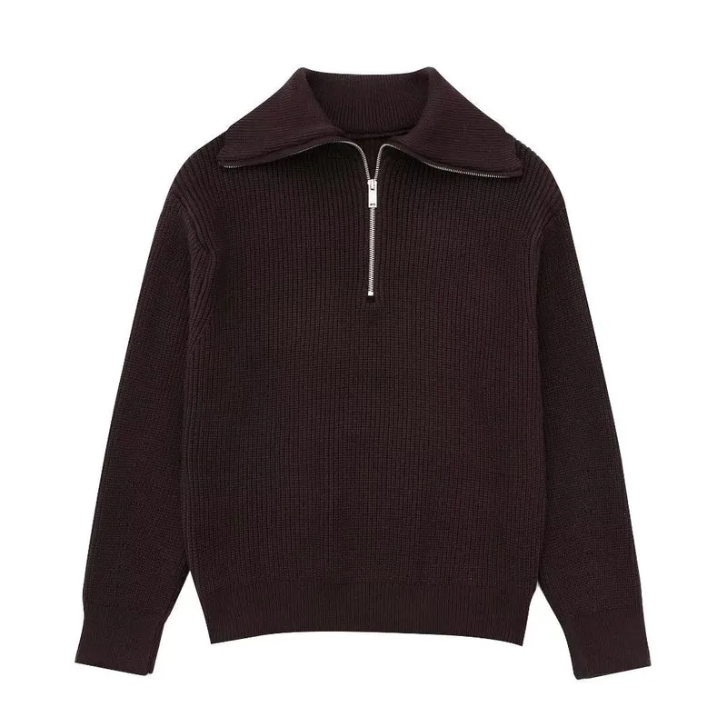 Damenpullover mit Streifen, halbem Reißverschluss und Stehkragen – Holly